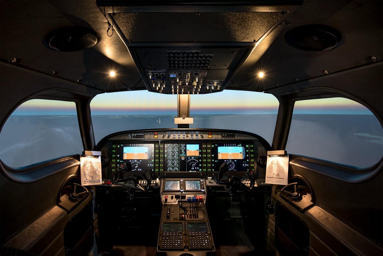 View of the instrument panel from inside a flying airplane